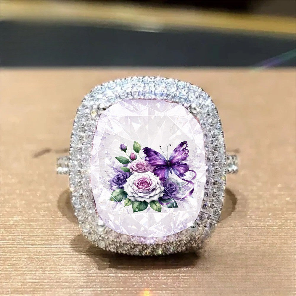 Purple Butterfly & Rose Square Ring