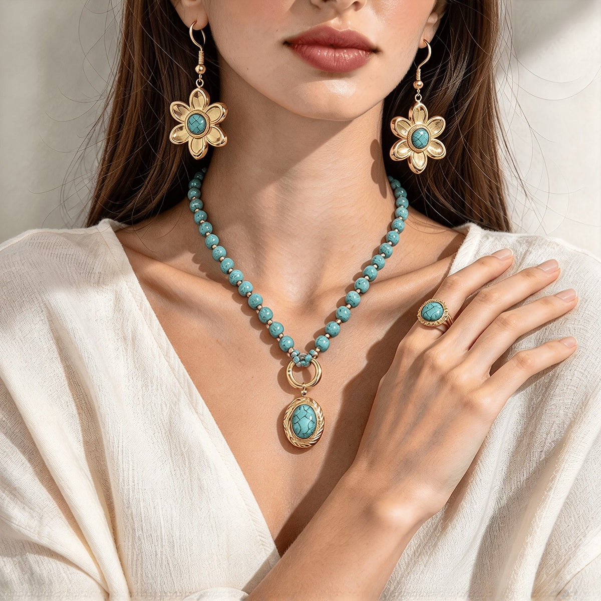 Turquoise Floral & Oval Bead Jewelry Set