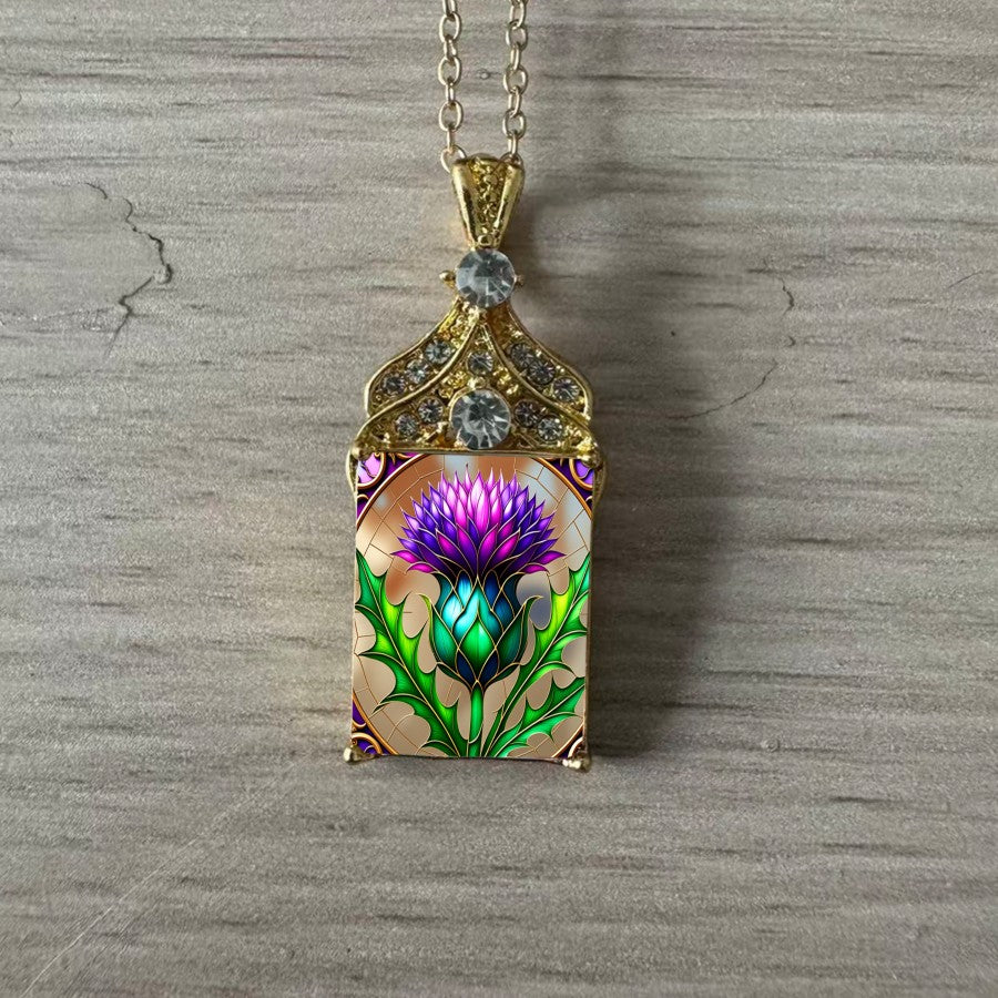 Stained Glass Thistle Pendant Necklace