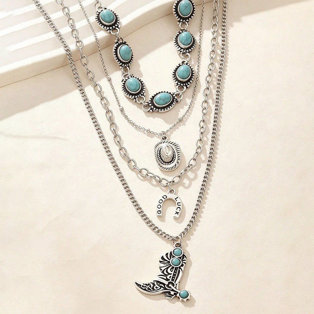 Turquoise Boot & Horseshoe Layered Necklace Set