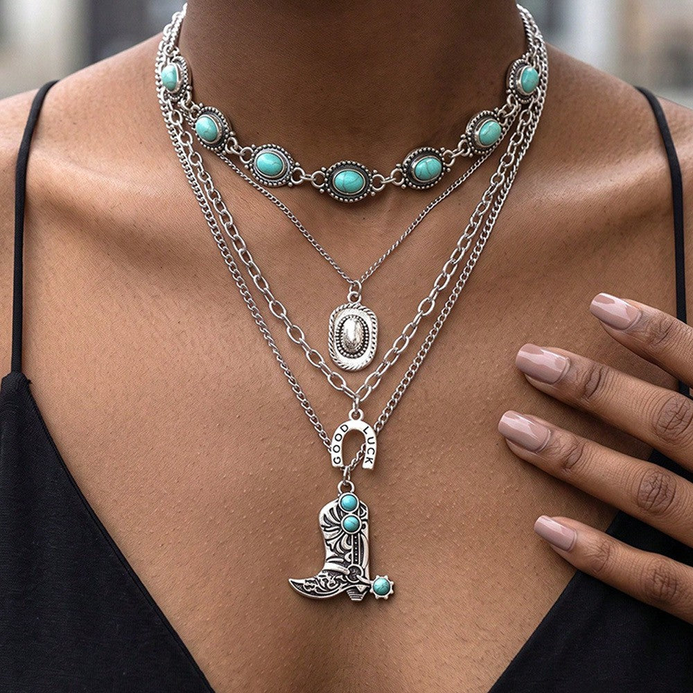 Turquoise Boot & Horseshoe Layered Necklace Set