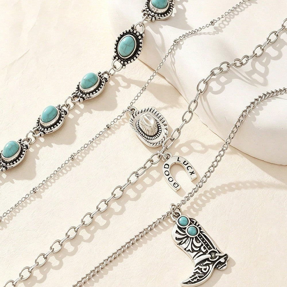 Turquoise Boot & Horseshoe Layered Necklace Set