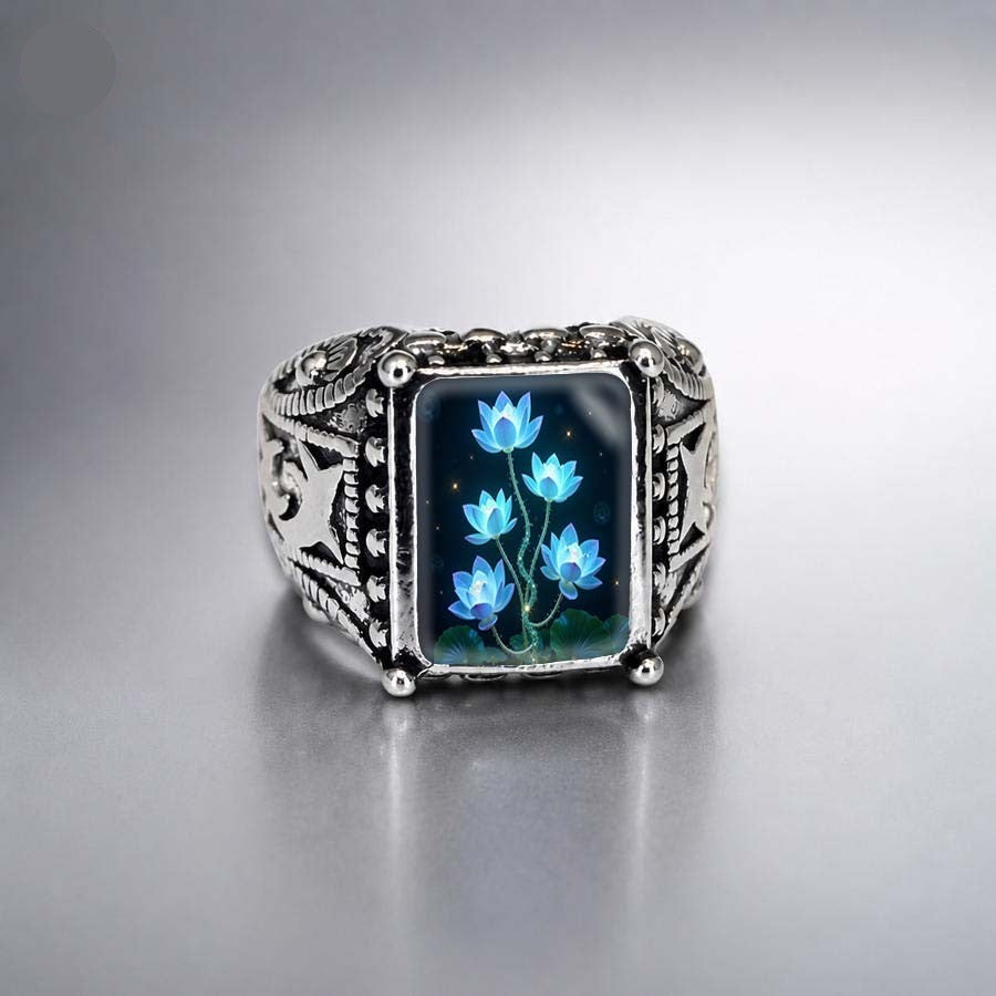 Vintage Blue Lotus Square Ring