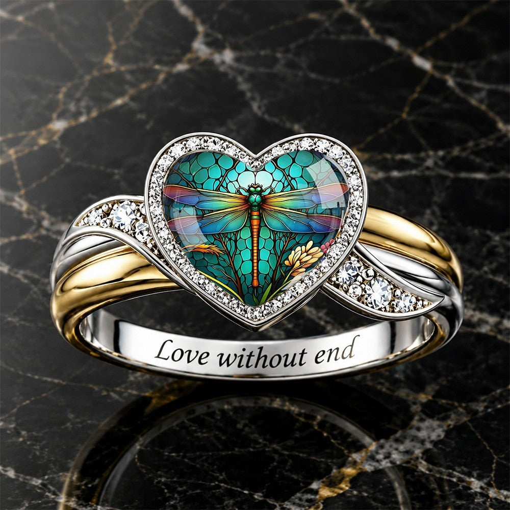 Engraved Dragonfly Heart Band Ring