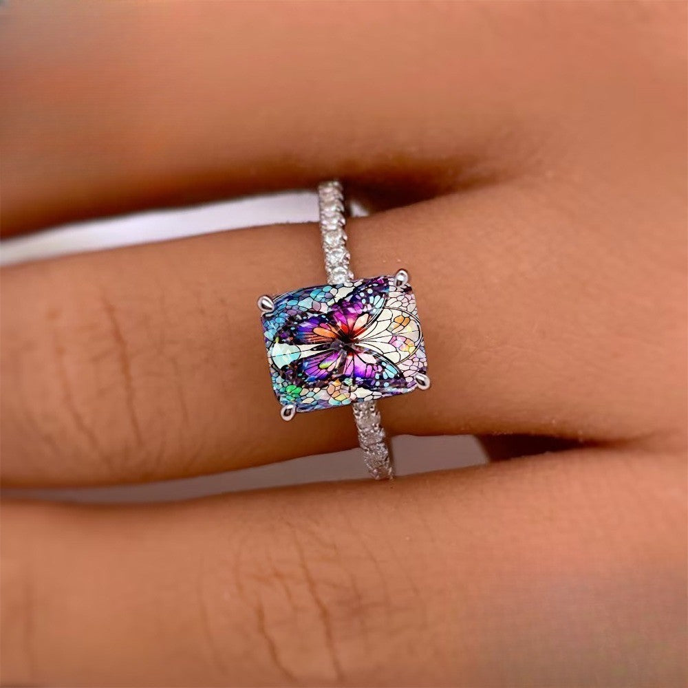 Stained Glass Butterfly Square Ring