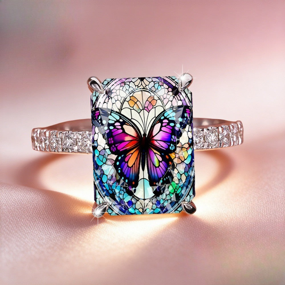 Stained Glass Butterfly Square Ring