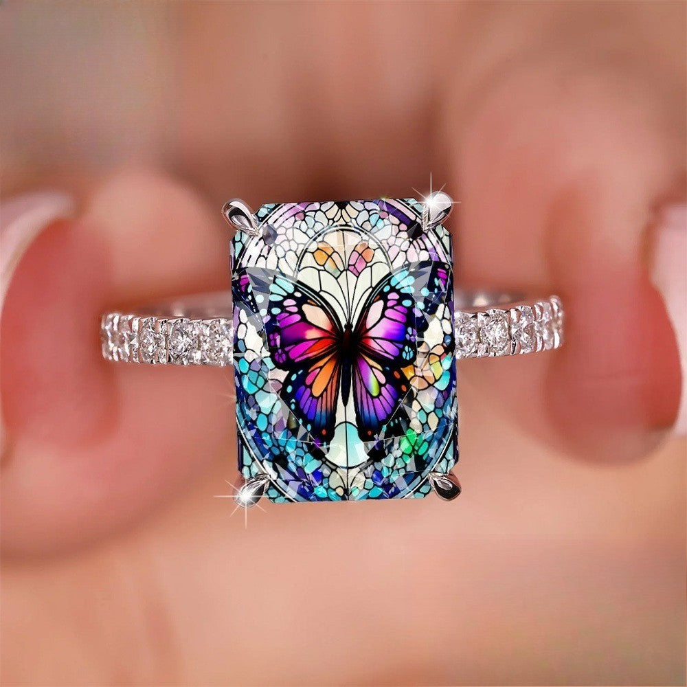 Stained Glass Butterfly Square Ring