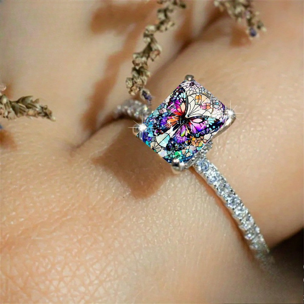 Stained Glass Butterfly Square Ring