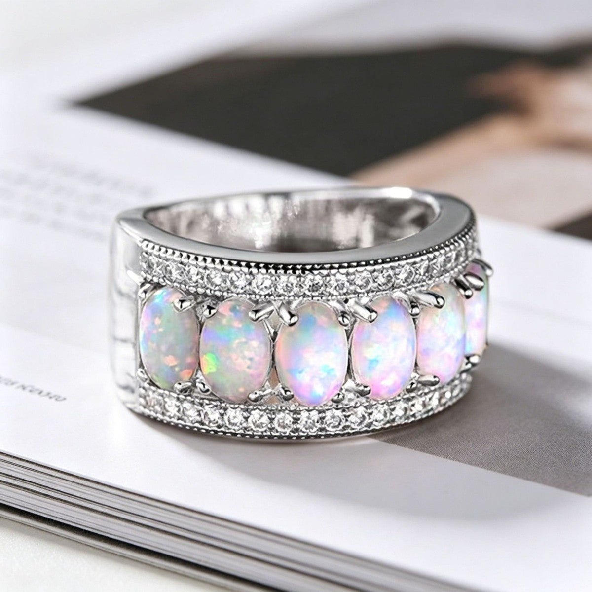 Oval Iridescent Stone Band Ring