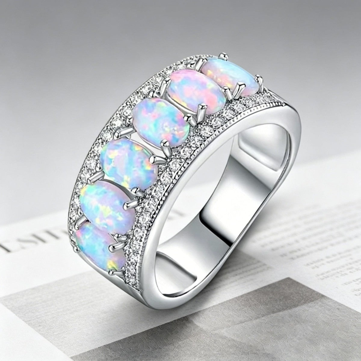 Oval Iridescent Stone Band Ring