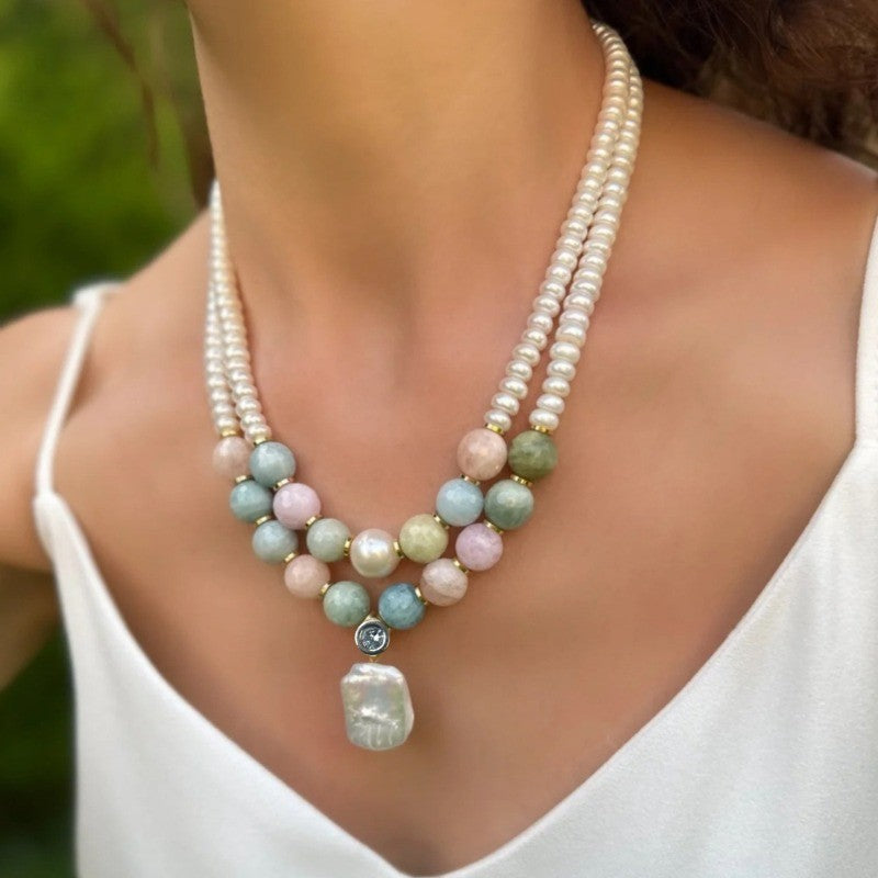 Pastel Stone Pearl Layered Necklace