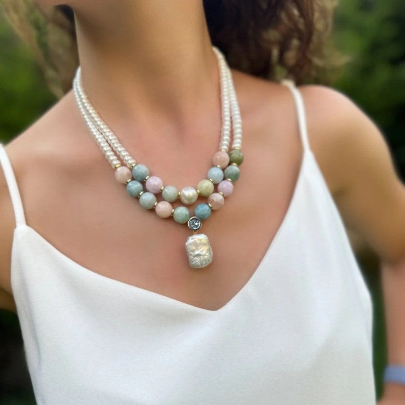 Pastel Stone Pearl Layered Necklace
