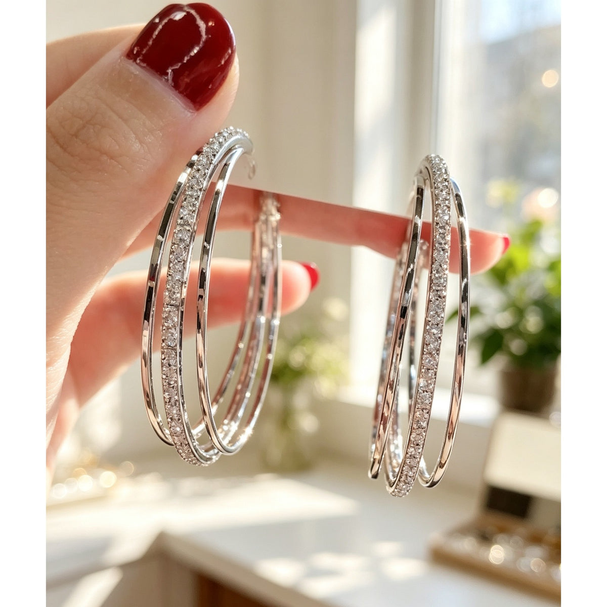 Triple Row Crystal Hoop Earrings