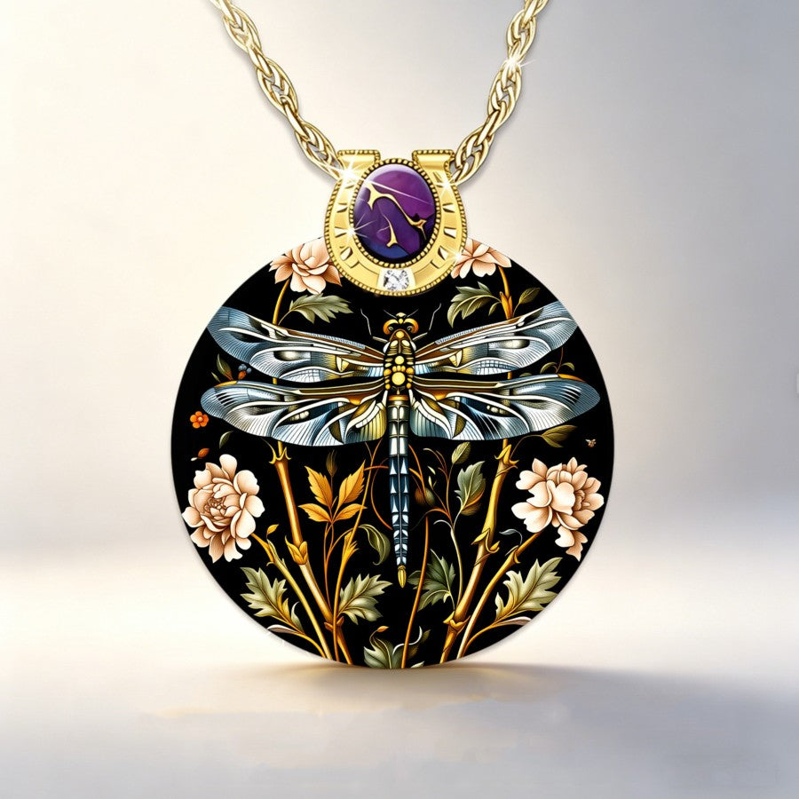 Dragonfly Floral Round Pendant Necklace