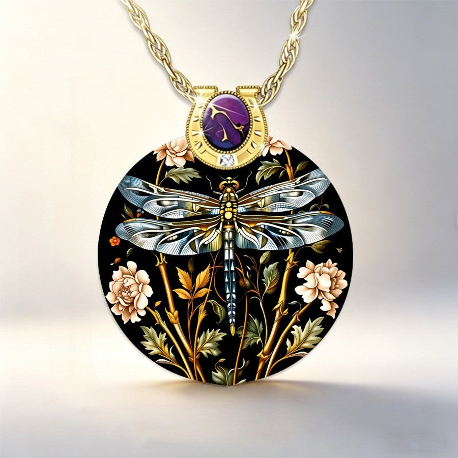 Dragonfly Floral Round Pendant Necklace