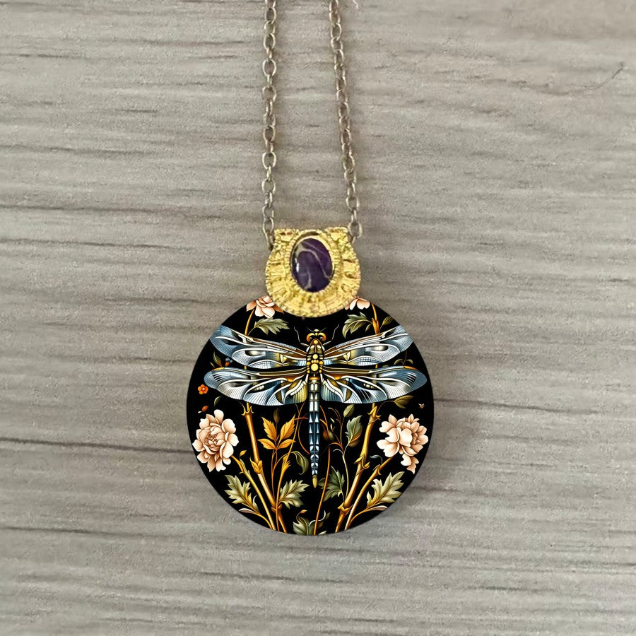 Dragonfly Floral Round Pendant Necklace