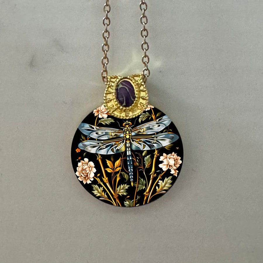 Dragonfly Floral Round Pendant Necklace