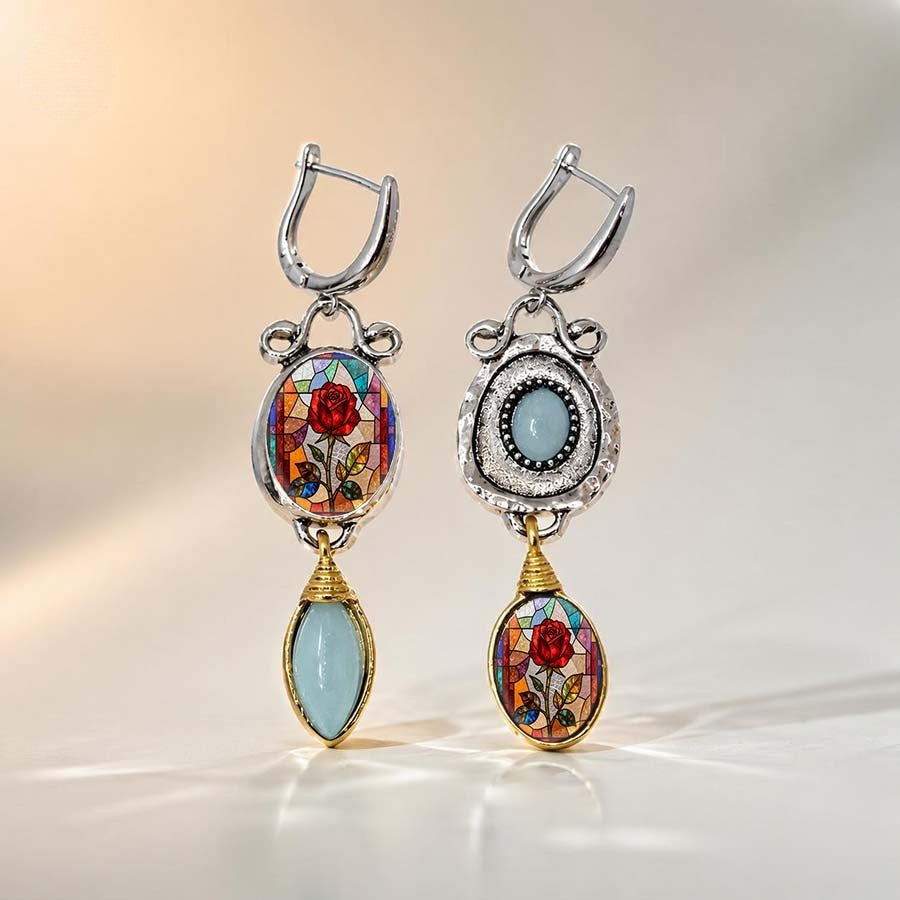 Rose Stained Glass Asymmetric Drop Earrings