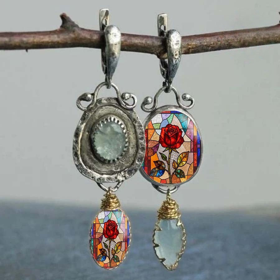 Rose Stained Glass Asymmetric Drop Earrings