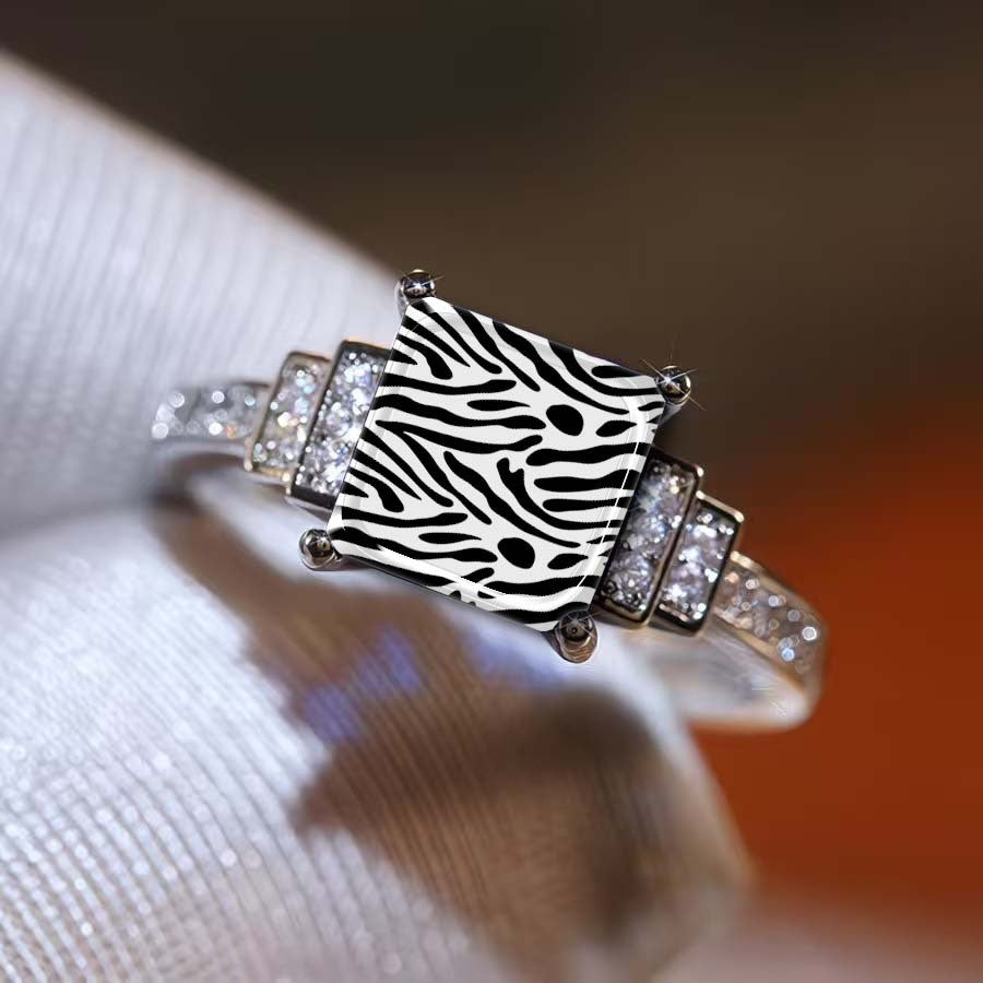 White Zebra Print Square Ring