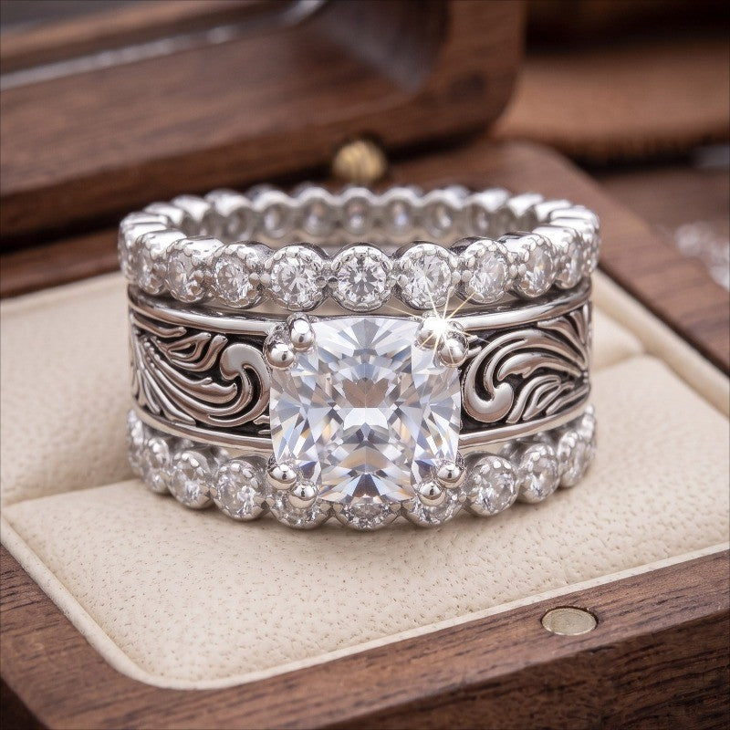 Square Crystal Carved Ring Set