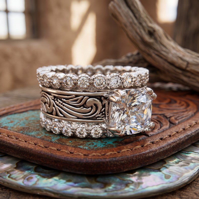 Square Crystal Carved Ring Set