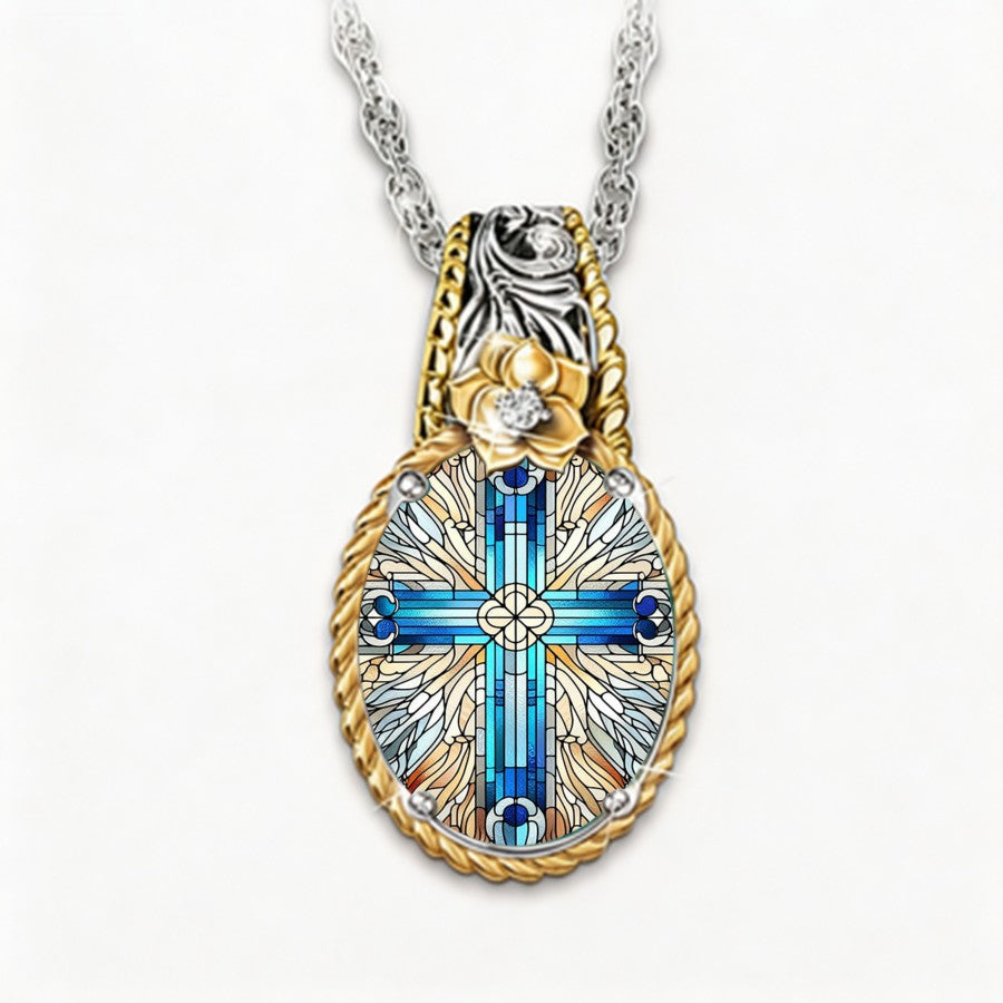 Stained Glass Cross & Rose Pendant Necklace