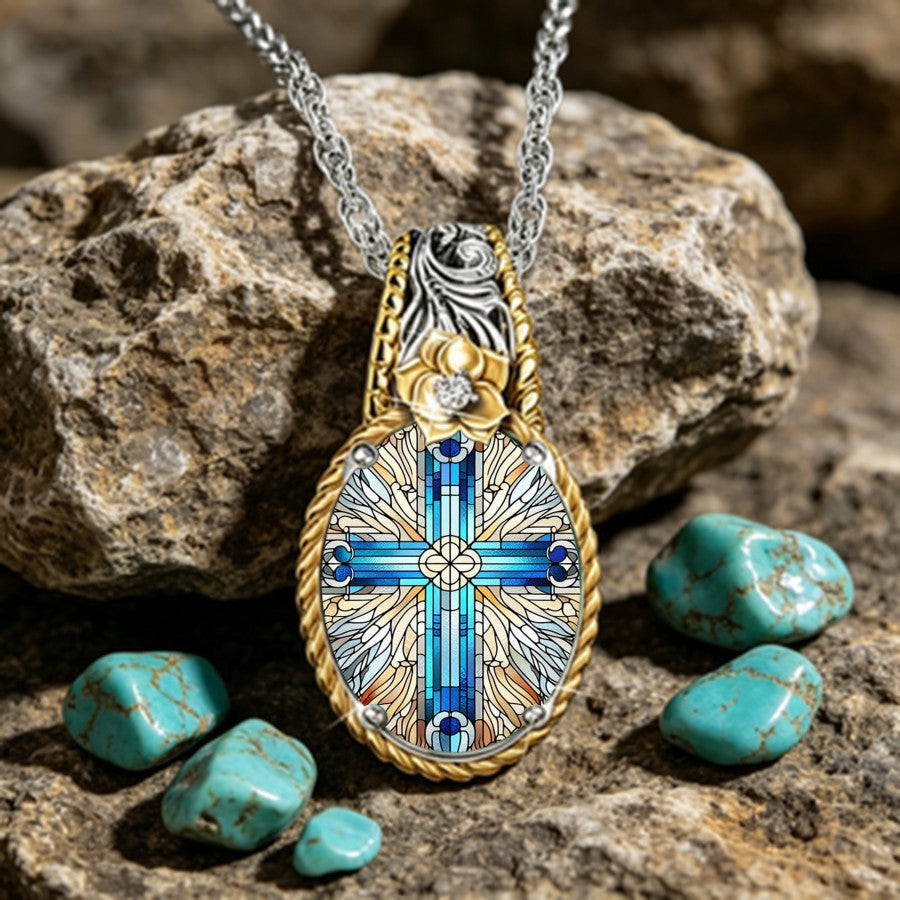 Stained Glass Cross & Rose Pendant Necklace