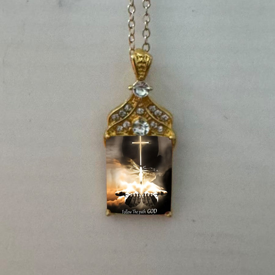 Illuminated Cross & Hands Pendant Necklace