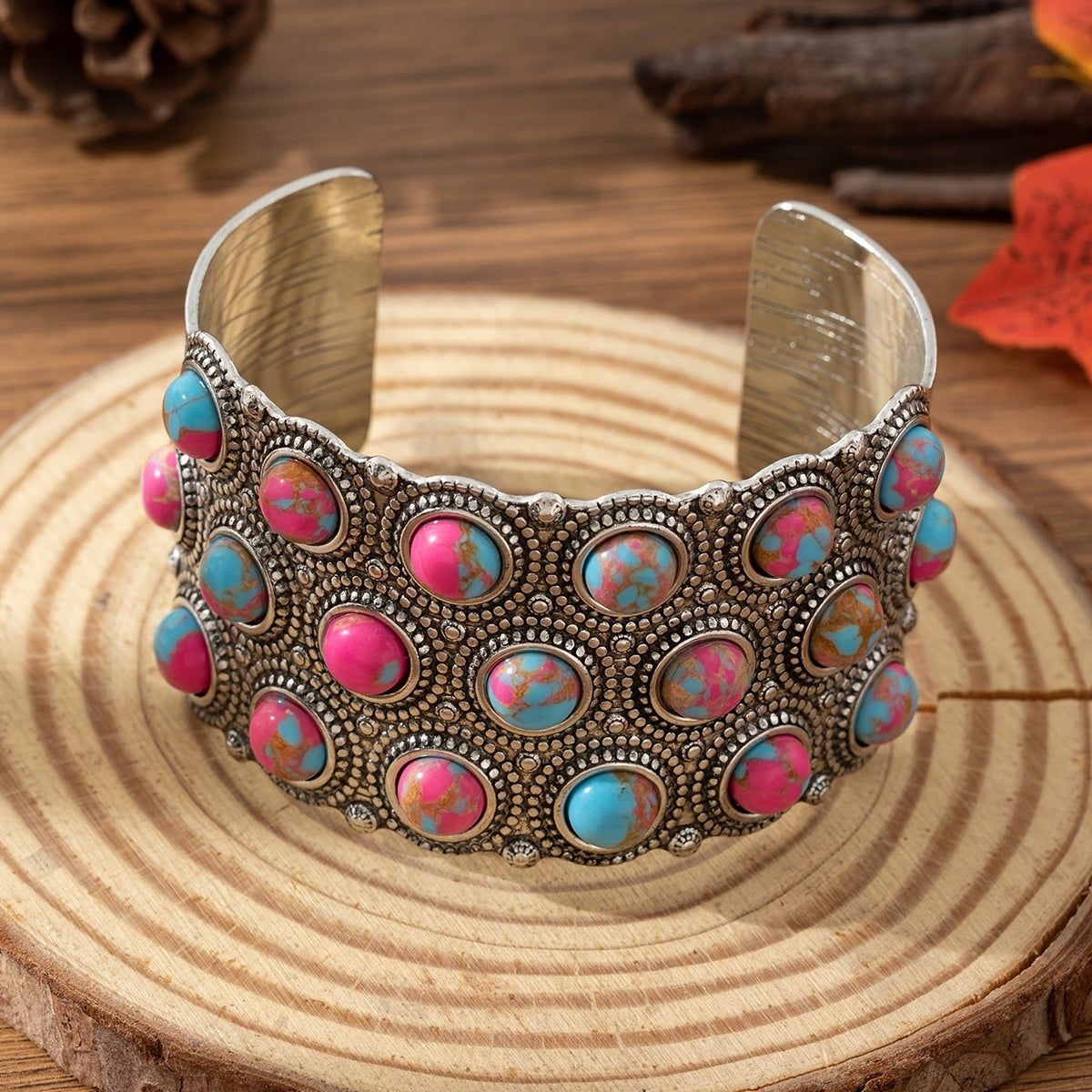 Pink and Blue Stone Cuff Bangle