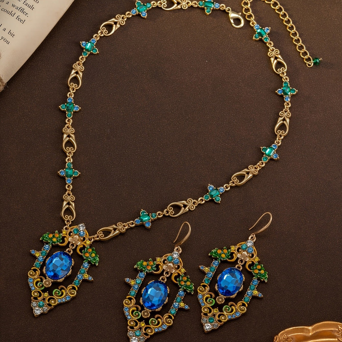 Blue Gem & Enamel Floral Necklace & Earrings