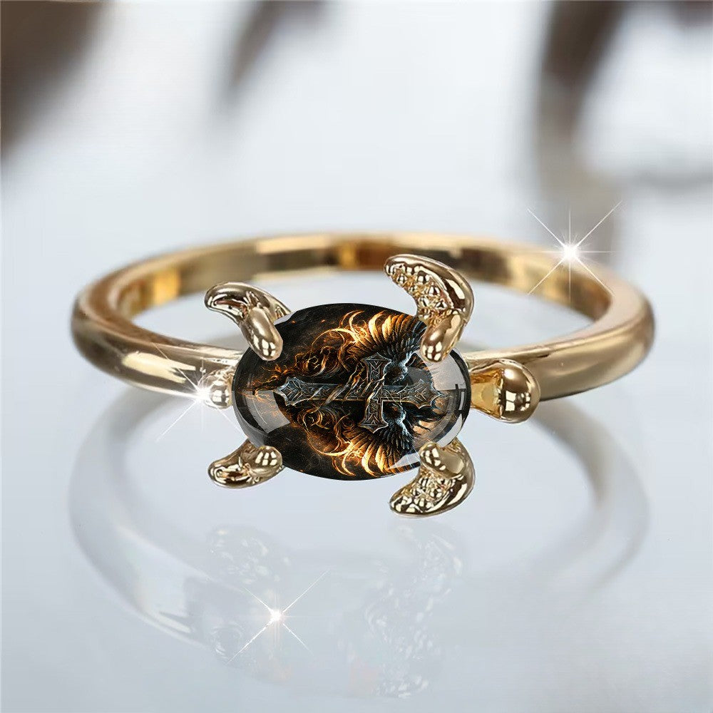 Flaming Cross Turtle Oval Ring