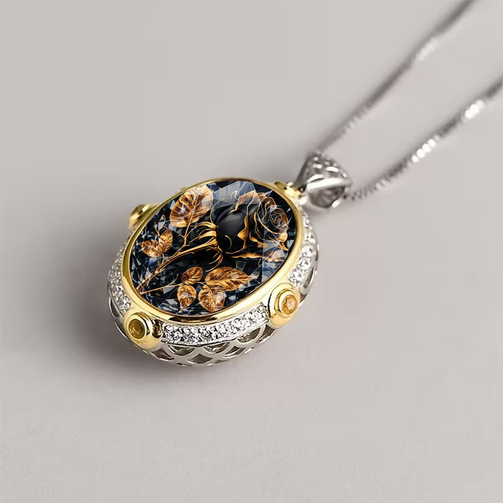 Black Rose Oval Pendant Necklace