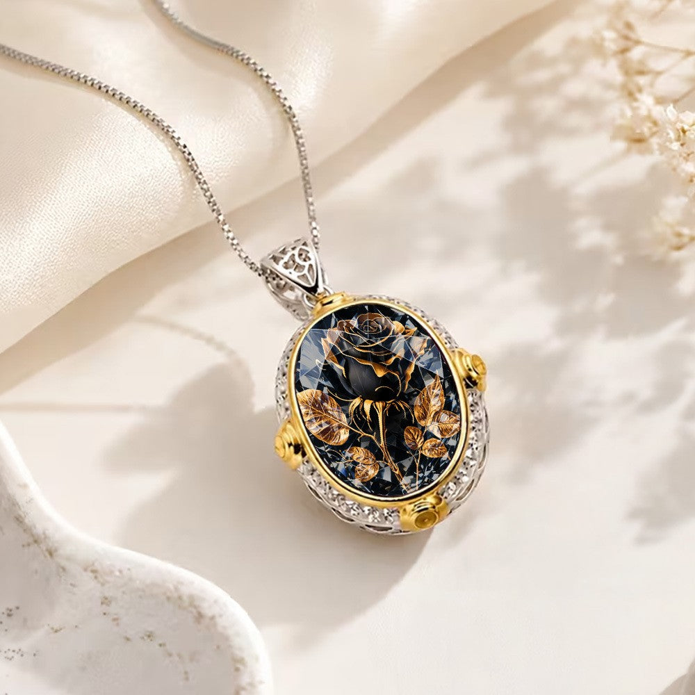 Black Rose Oval Pendant Necklace