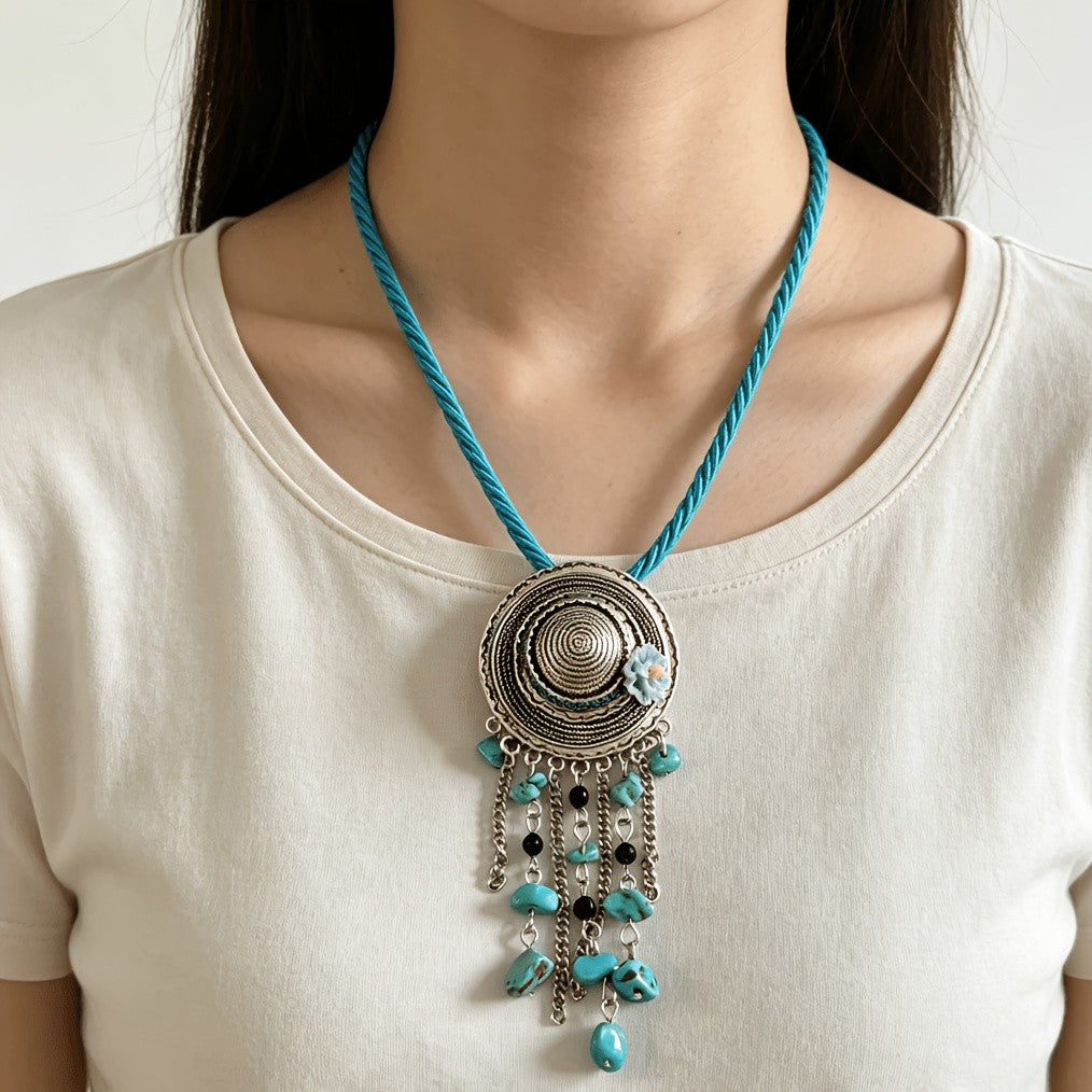 Turquoise Spiral Tassel Necklace
