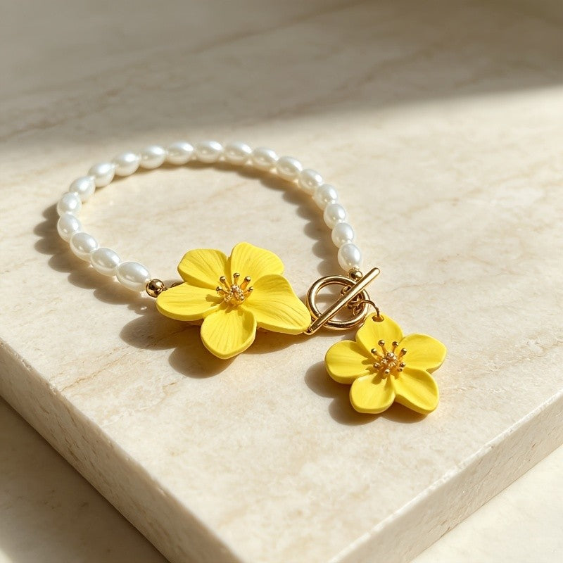 Enamel Flower Pearl Anklet