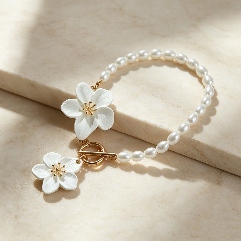 Enamel Flower Pearl Anklet