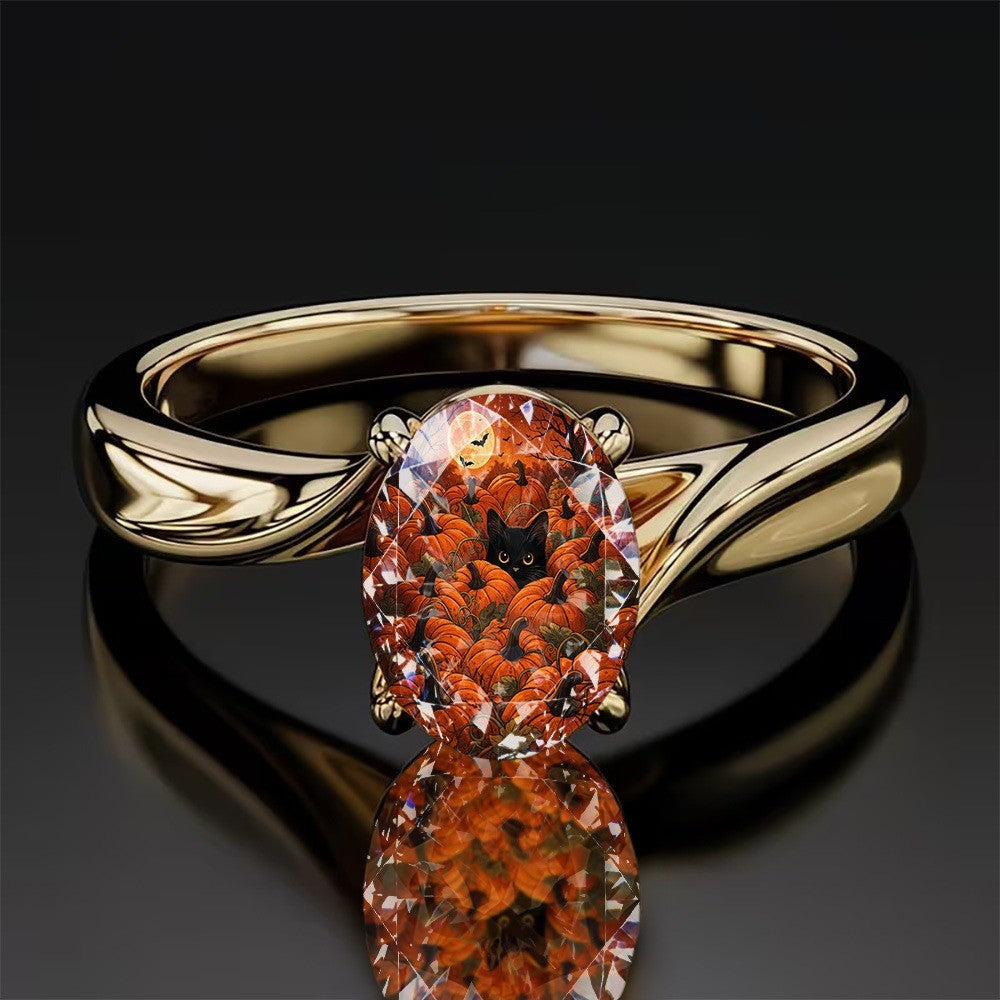 Black Cat Pumpkin Oval Ring