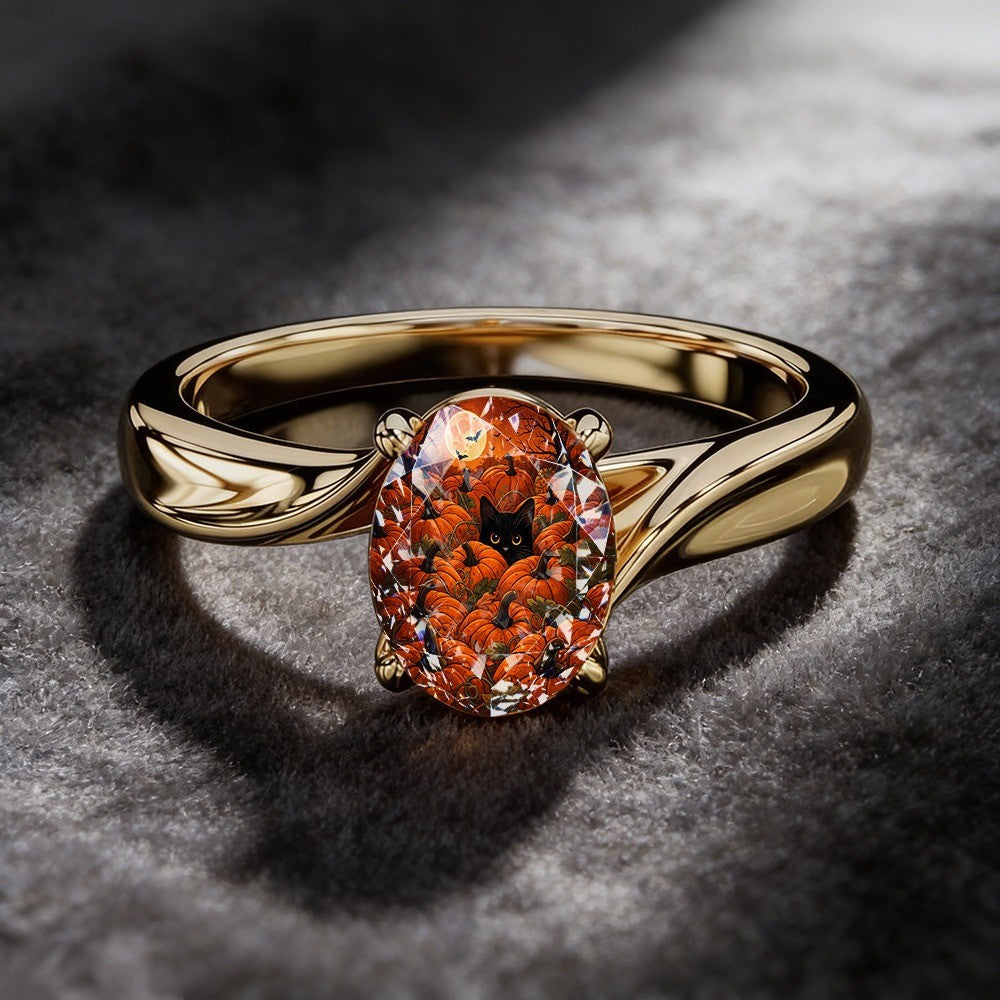 Black Cat Pumpkin Oval Ring