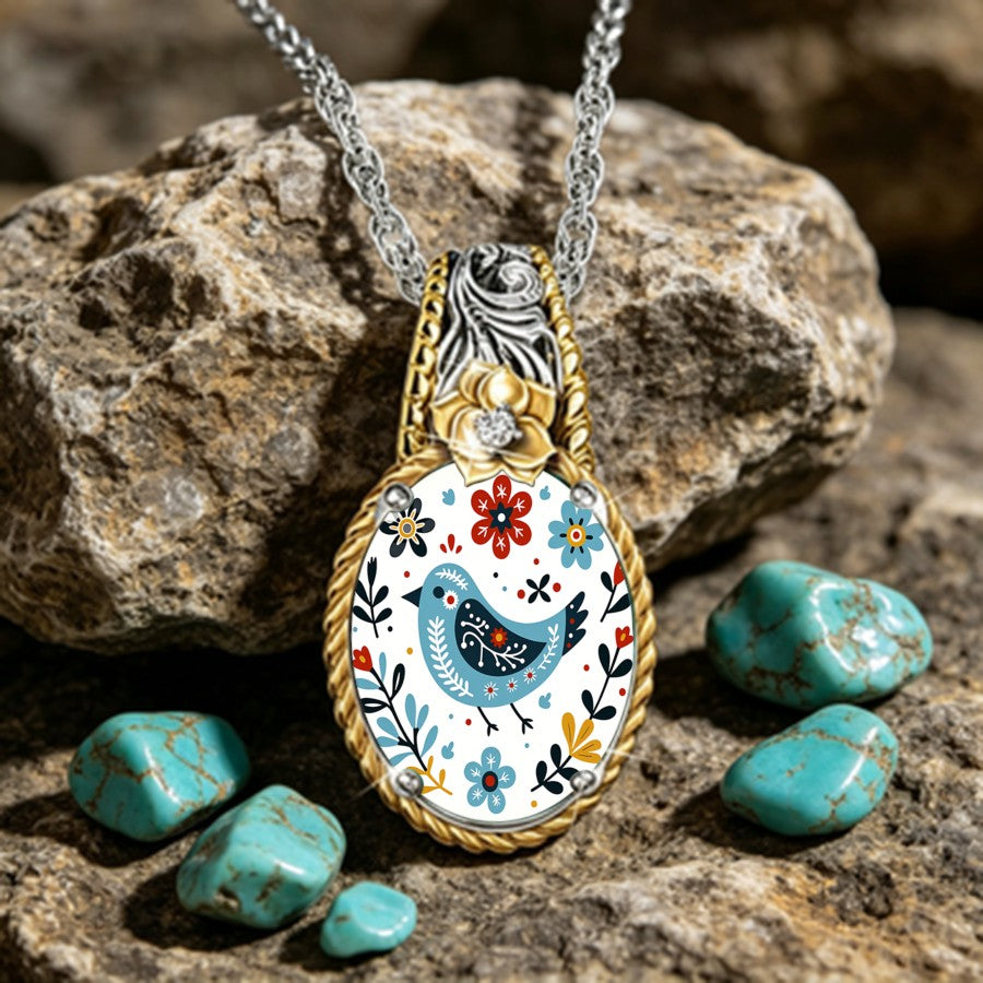 Folk Art Bird Oval Pendant Necklace