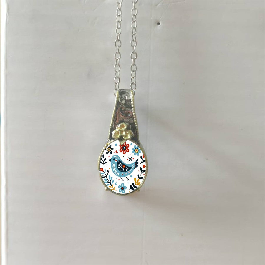 Folk Art Bird Oval Pendant Necklace