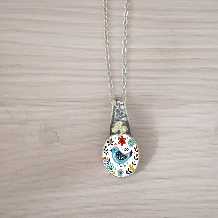 Folk Art Bird Oval Pendant Necklace