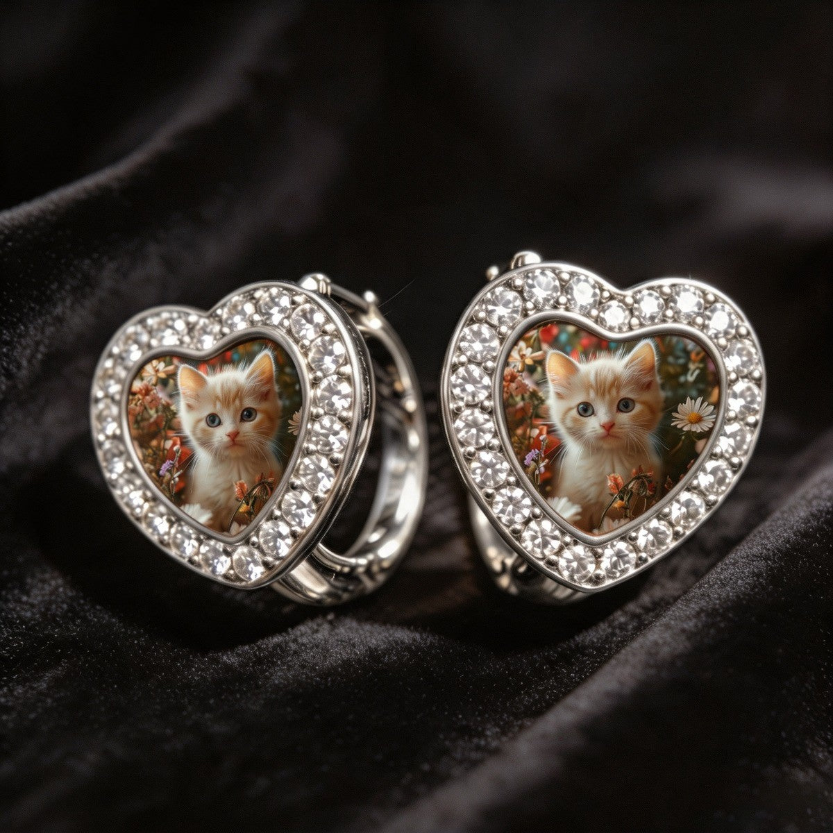 Kitten Garden Heart Huggie Earrings