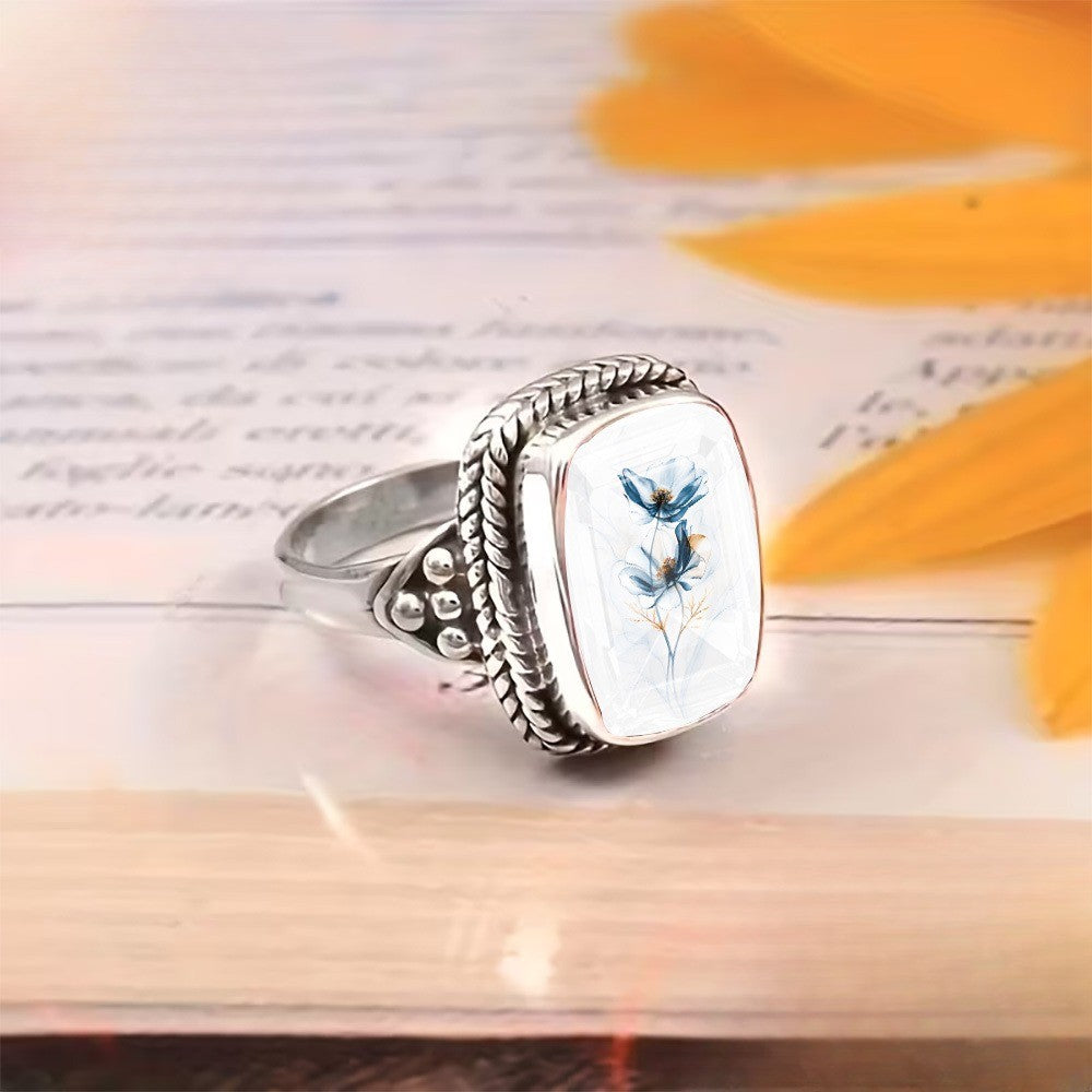 Blue Floral Rectangular Ring