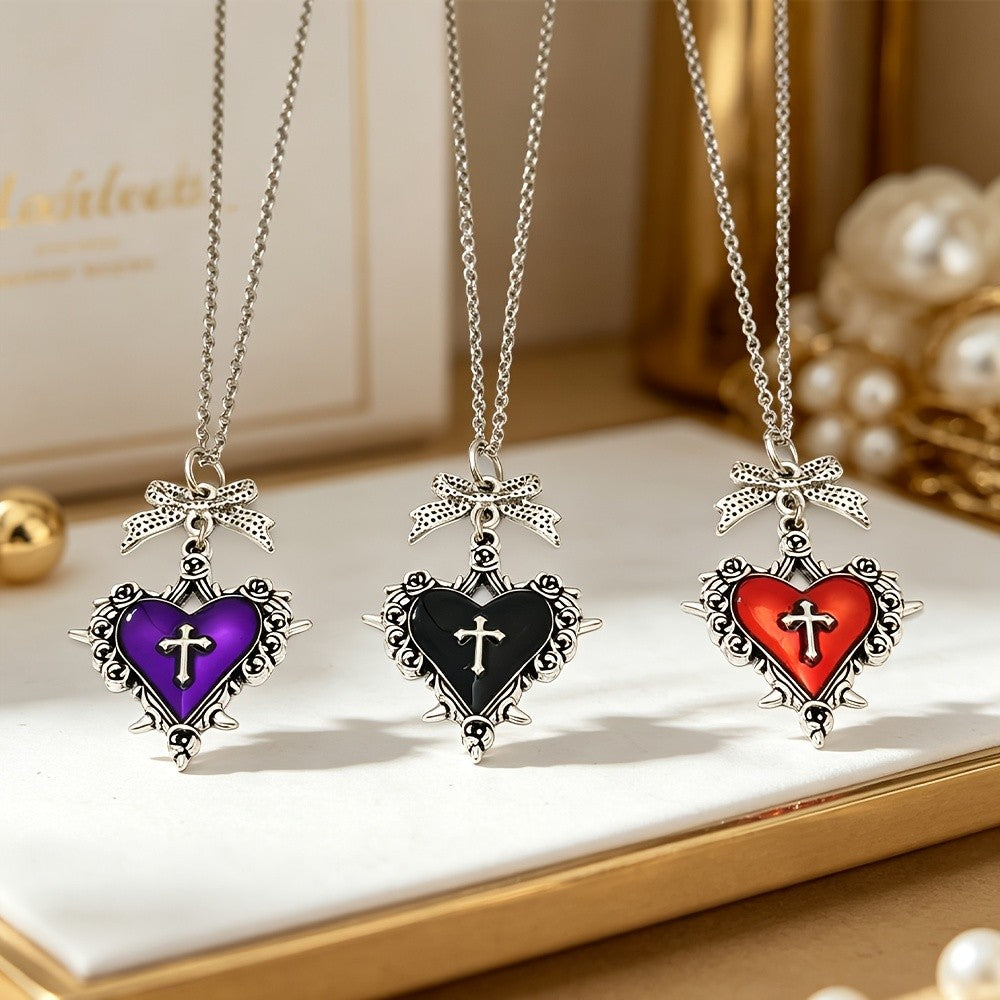 Ornate Bow Heart Cross Necklace