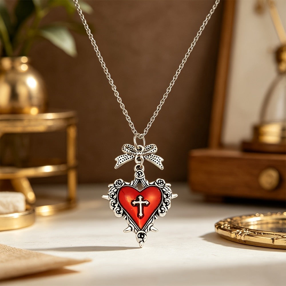 Ornate Bow Heart Cross Necklace