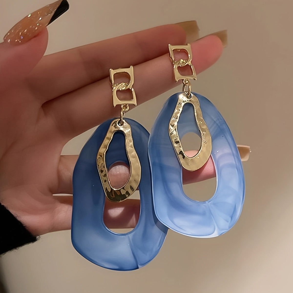 Blue Marbled Hammered Oval Earrings