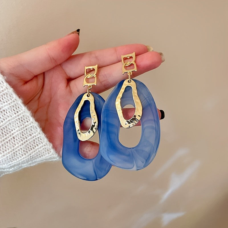 Blue Marbled Hammered Oval Earrings