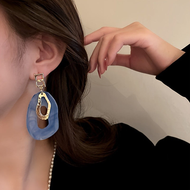 Blue Marbled Hammered Oval Earrings
