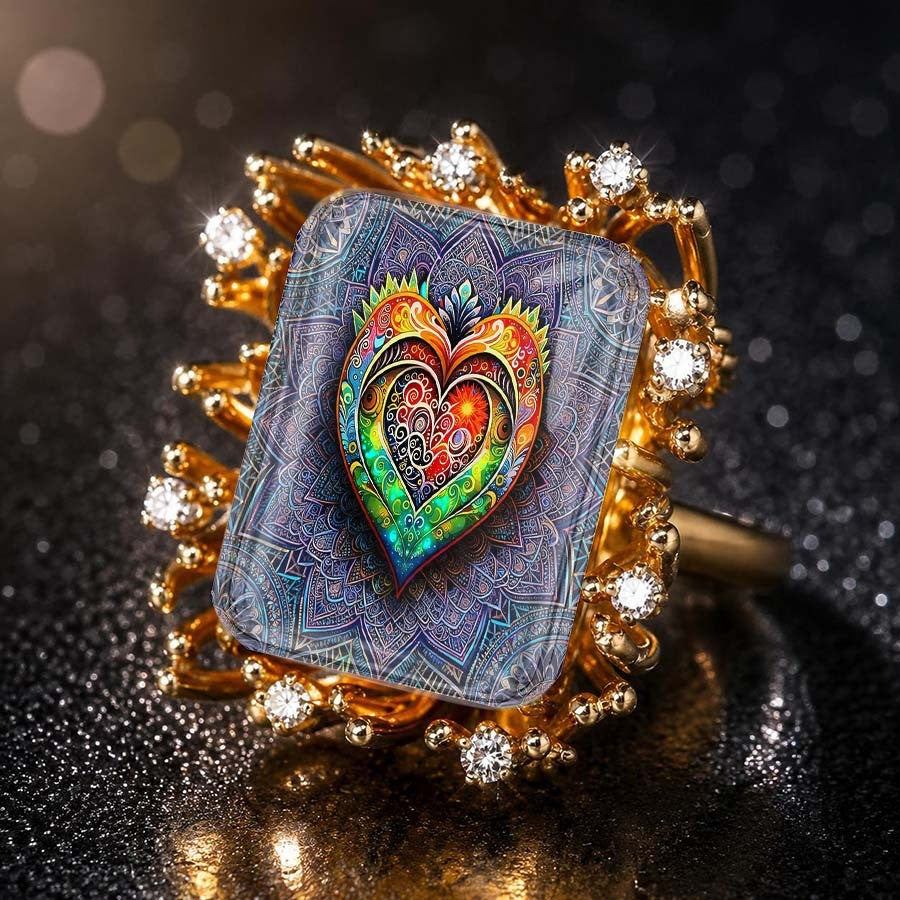 Colorful Filigree Heart Square Ring